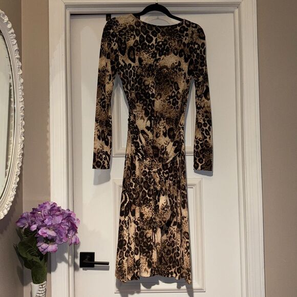 Vintage Newport News Leopard- Print Long Sleeve Jersey Midi Dress - Small - Picture 3 of 4